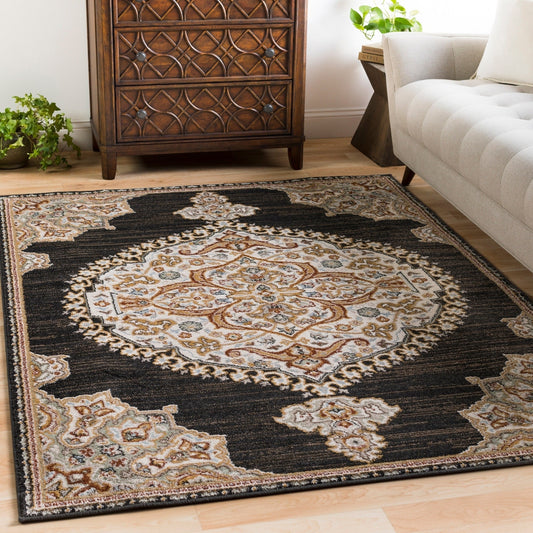 Vintage Medallion Black Tan Brown Area Rug