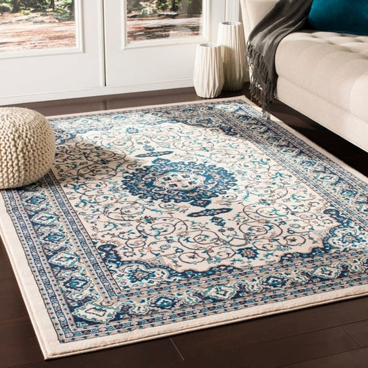 Traditional Medallion Ivory Navy Blue Area Rug
