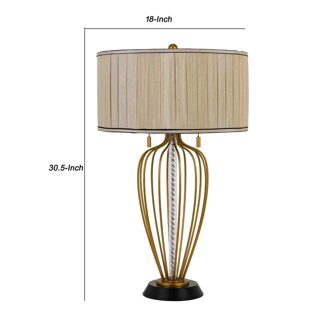 Pleated Drum Shade Table Lamp with Caged Urn Style Base, Black and Gold