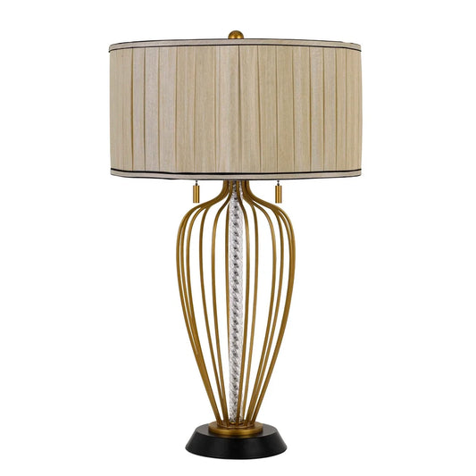 Pleated Drum Shade Table Lamp with Caged Urn Style Base, Black and Gold