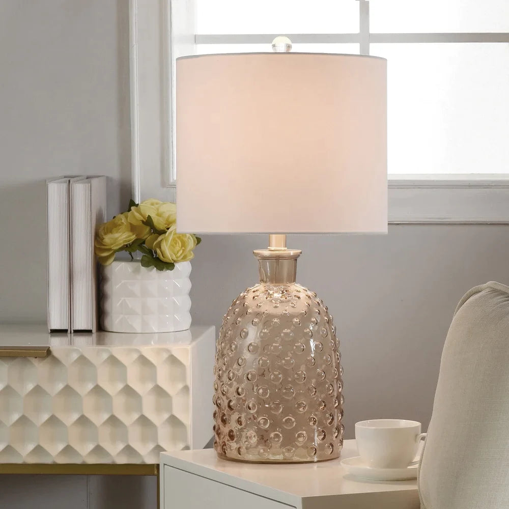 Amber Glass - Blistered Glass Table Lamp - White Linen Shade