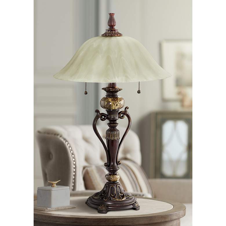 Amor Collection Glass Shade Accent Table Lamp in Bronze