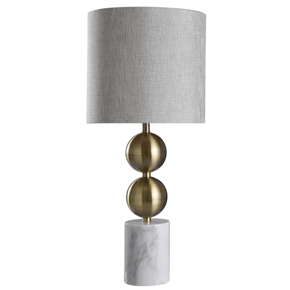 Racine Table Lamp - Brass Finish on Metal Body with Marble Base - Light Gray/Silver Fabric Shade