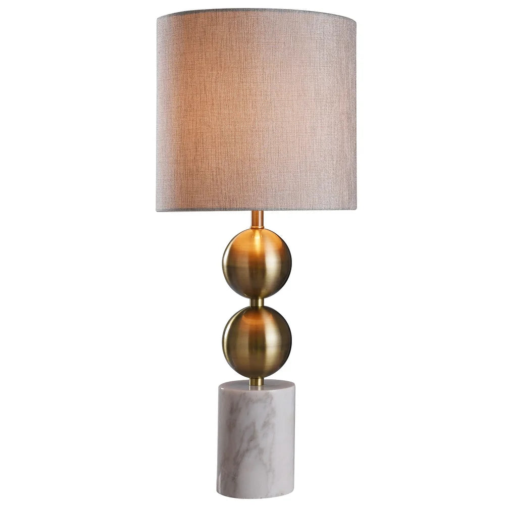 Racine Table Lamp - Brass Finish on Metal Body with Marble Base - Light Gray/Silver Fabric Shade