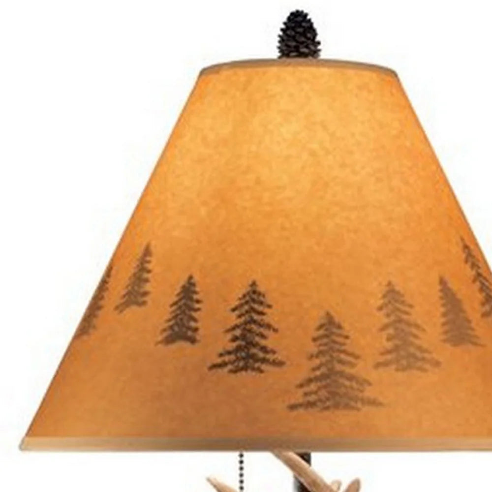 Resin Body Table Lamp with Antler and Pinecone Design, Set of 2, Brown