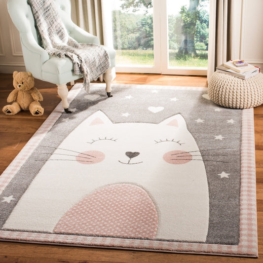 Carousel Kids Yuha Cat Pink Grey Soft Rug