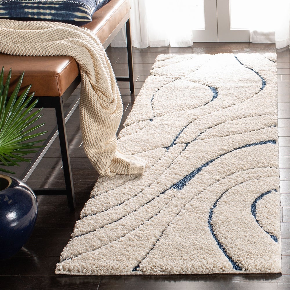 Florida Shag Sigtraud Abstract Waves Thick Soft Area  Rug Cream/Blue