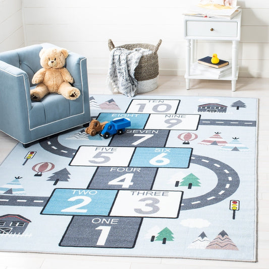 Kids Playhouse Arendine Hopscotch Machine Washable Area Rug Grey/Blue