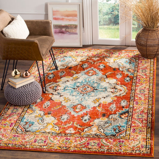 Distressed Orange Light Blue Soft Area Rug