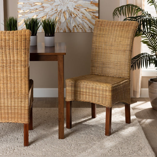 Shamara Modern Bohemian Natural Rattan and Mahogany Wood Dining Chair