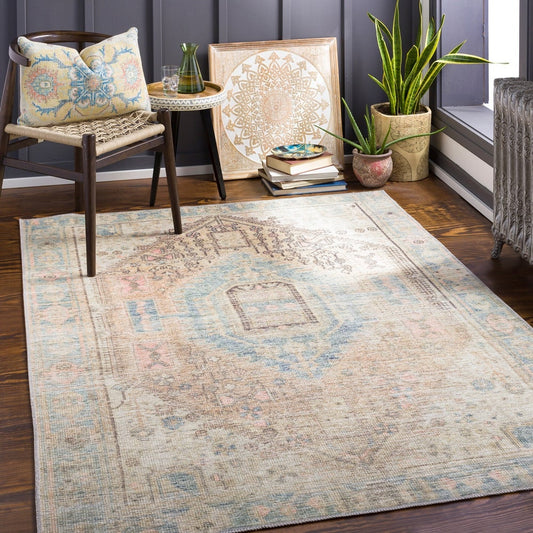 Distressed Medallion Machine Washable Area Soft Rug