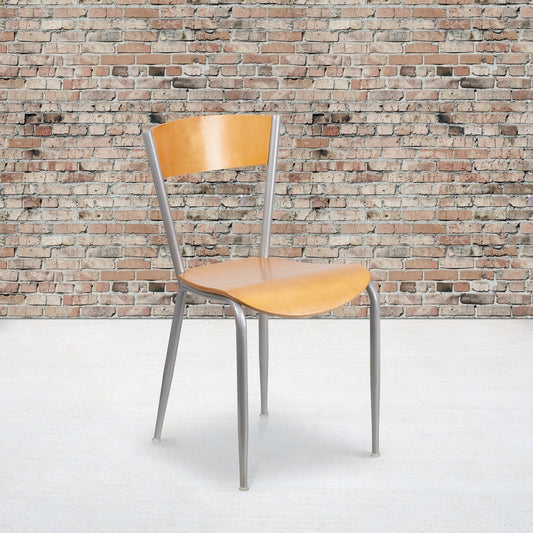 Silver Metal Restaurant Chair - Natural Wood Back & Seat - 16.75"W x 20"D x 32.25"H