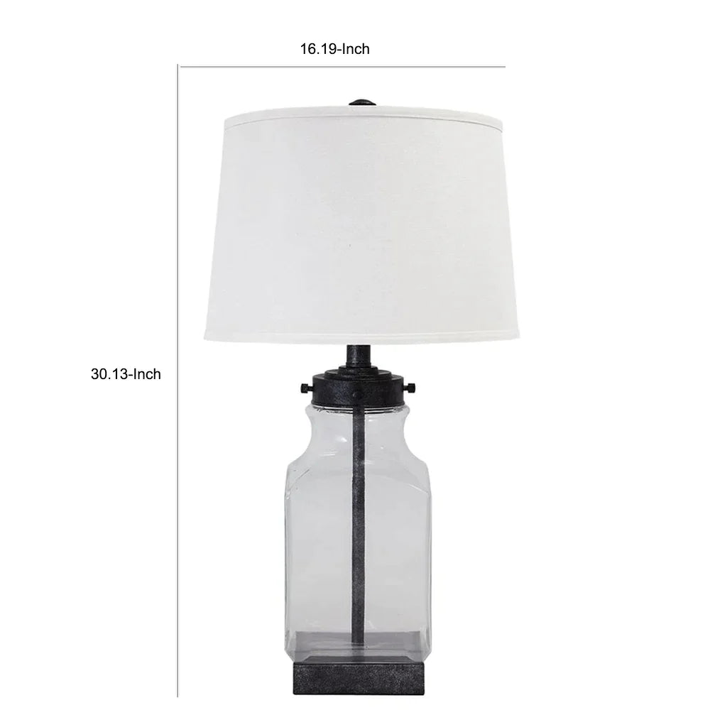 Smoky Glass Frame Table Lamp with Fabric Shade, Light Gray and Clear