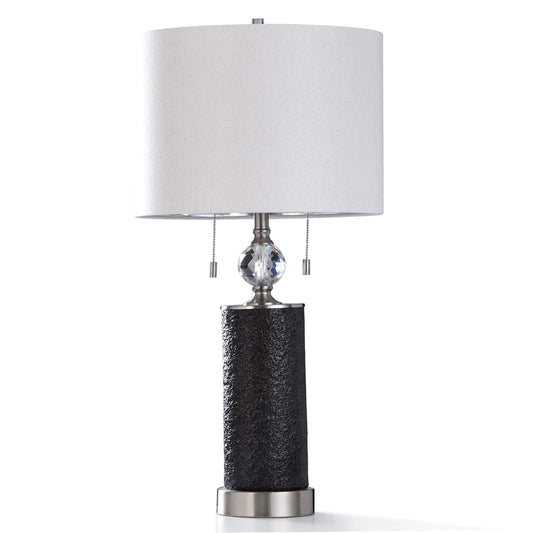 StyleCraft Aglona Textured Coal Resin with Diamond Cut Clear Acrylic and BruStyleCraft Aglona Textured Coal Resin with Diamond Cut Clear Acrylic and Brushed Steel Base Table Lampshed Steel Base Table Lamp