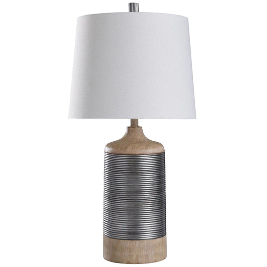 StyleCraft Haver Hill Light Tan Wood with Ribbed Silver Band Table Lamp