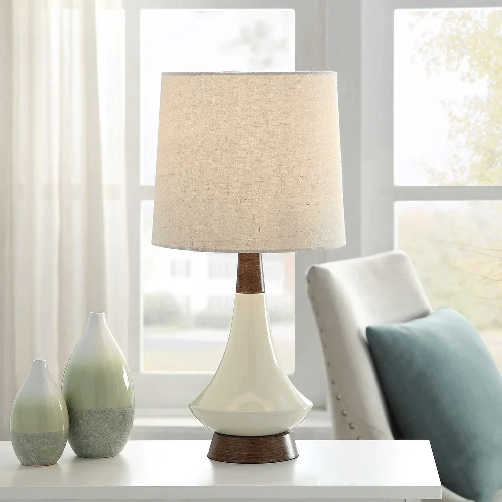 Poly Resin & Ceramic Table Lamp - Faux Wood, Cream Finish - White Hardback Styrene Shade