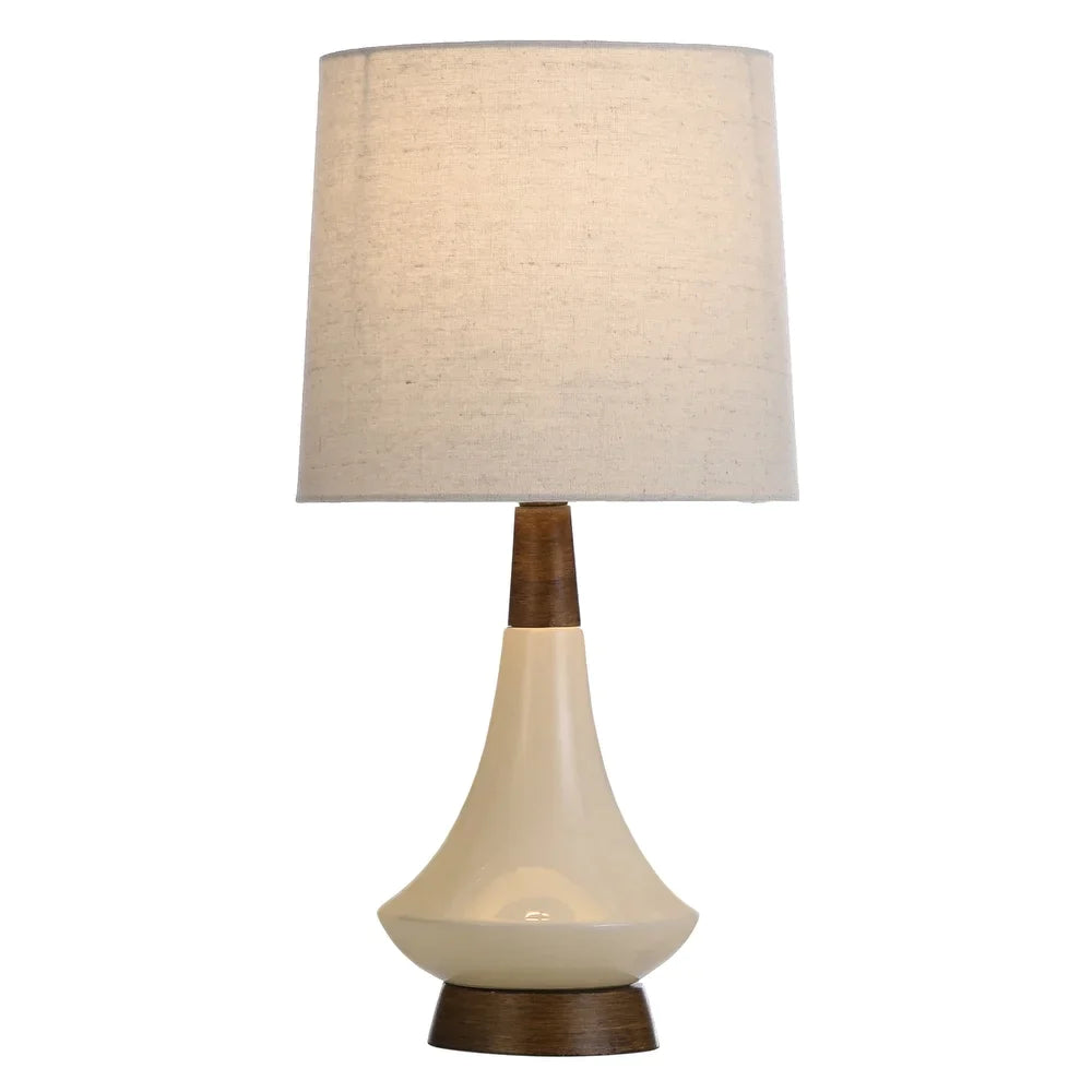 Poly Resin & Ceramic Table Lamp - Faux Wood, Cream Finish - White Hardback Styrene Shade