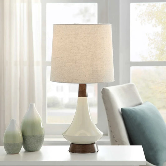 Poly Resin & Ceramic Table Lamp - Faux Wood, Cream Finish - White Hardback Styrene Shade