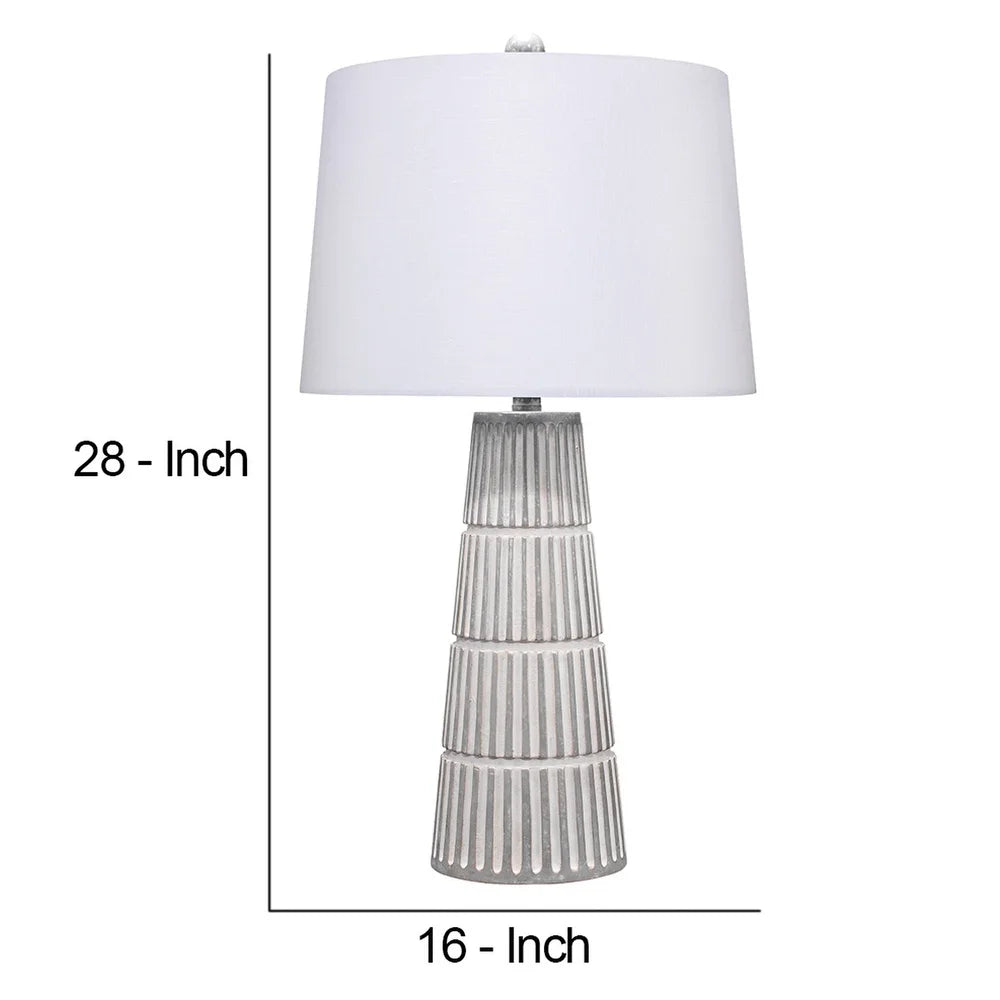 Table Lamp with Cement Conical Engraved Vertical Lines Base, Gray