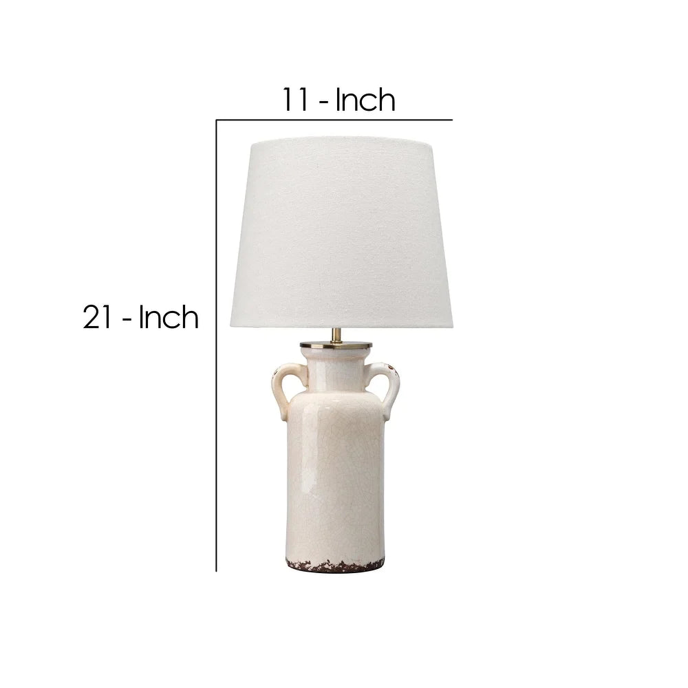 Table Lamp with Drum Shade and Amphora Ceramic Base, Off White