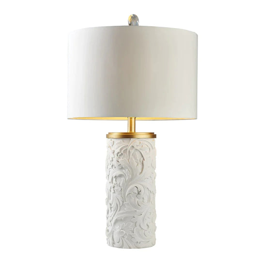 Table Lamp with Polyresin Base and Baroque Scroll Design, White