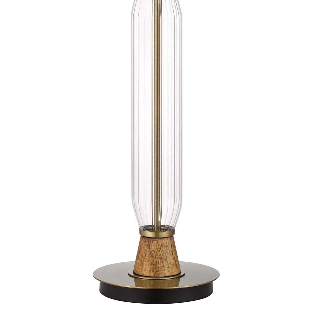 Table Lamp with Wood and Glass Accent Base, White and Brown