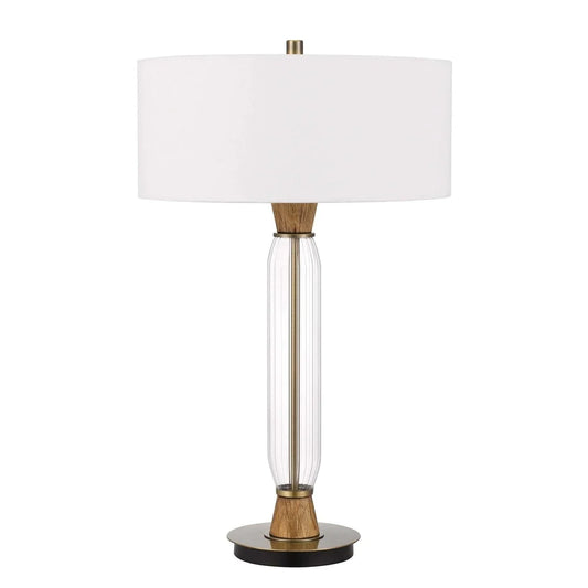 Table Lamp with Wood and Glass Accent Base, White and Brown