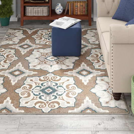 Geometric Cerulean Blue Taupe Soft Area Rugs