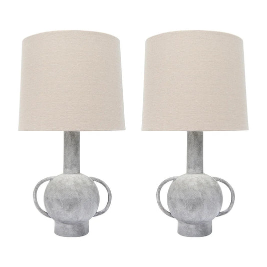 Terracotta Table Lamp with Handles, Distressed Finish & Linen Shade (Set of 2)