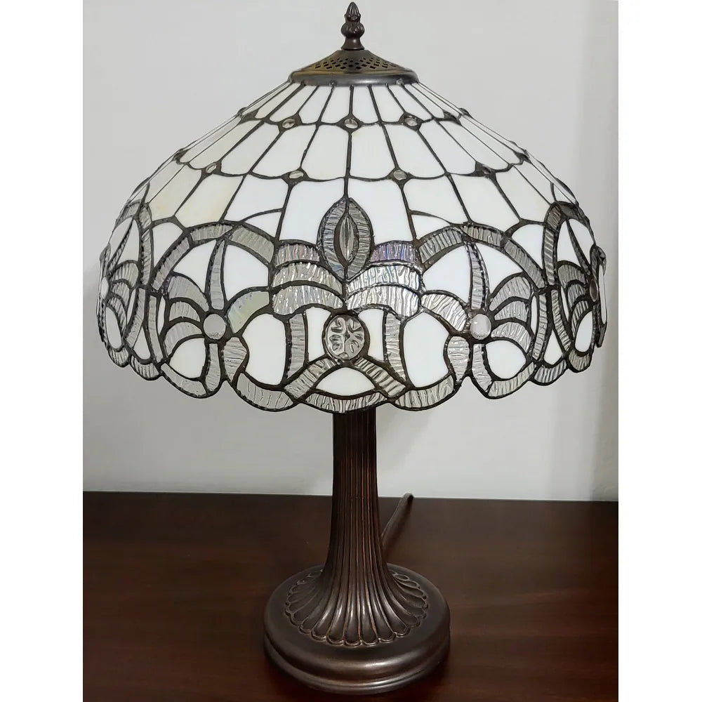 Tiffany Style Table Lamp 24" Tall Stained Glass White Grey Jeweled Beads Decor Bedroom Handmade Gift AM293TL16B Amora Lighting