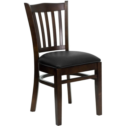 Vertical Slat Back Wooden Restaurant Chair - 17.5"W x 20.75"D x 34.5"H - black vinyl seat/walnut wood frame