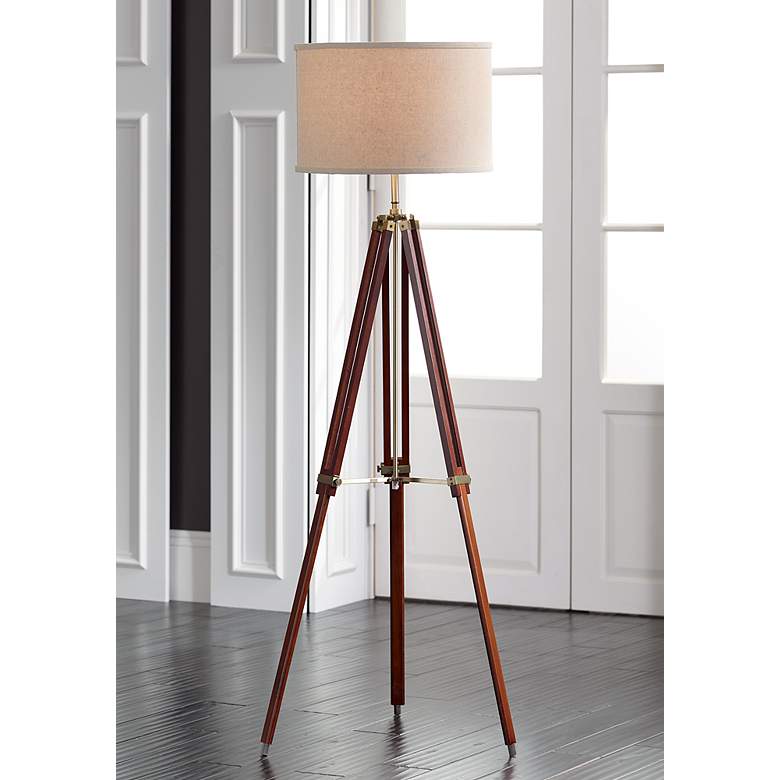 Surveyor Cherry Wood Tripod Floor Lamp by Possini Euro