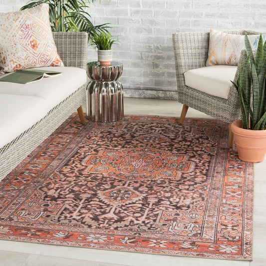 Dennis Indoor/Outdoor Orange and Dark Grey Medallion Soft Area Rug