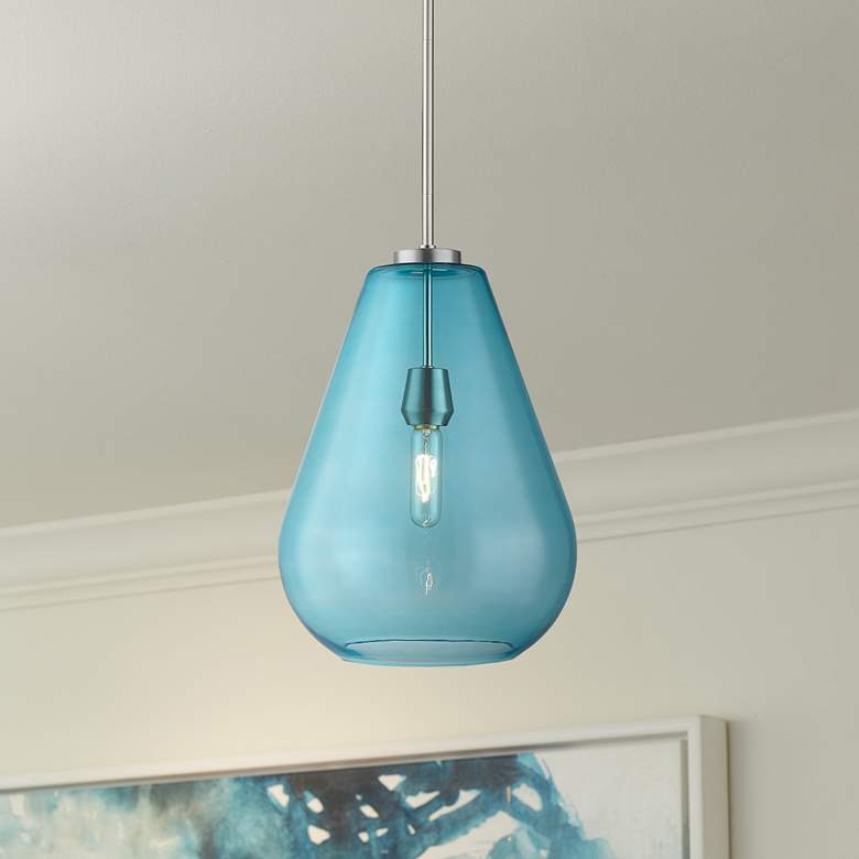 Ayra 12" Wide Brushed Nickel Mini Pendant Light with Blue Glass