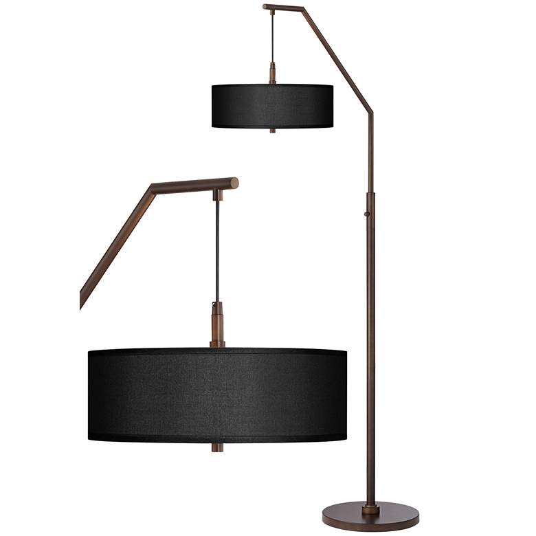 Black Faux Silk Shade and Bronze Modern Arc Floor Lamp