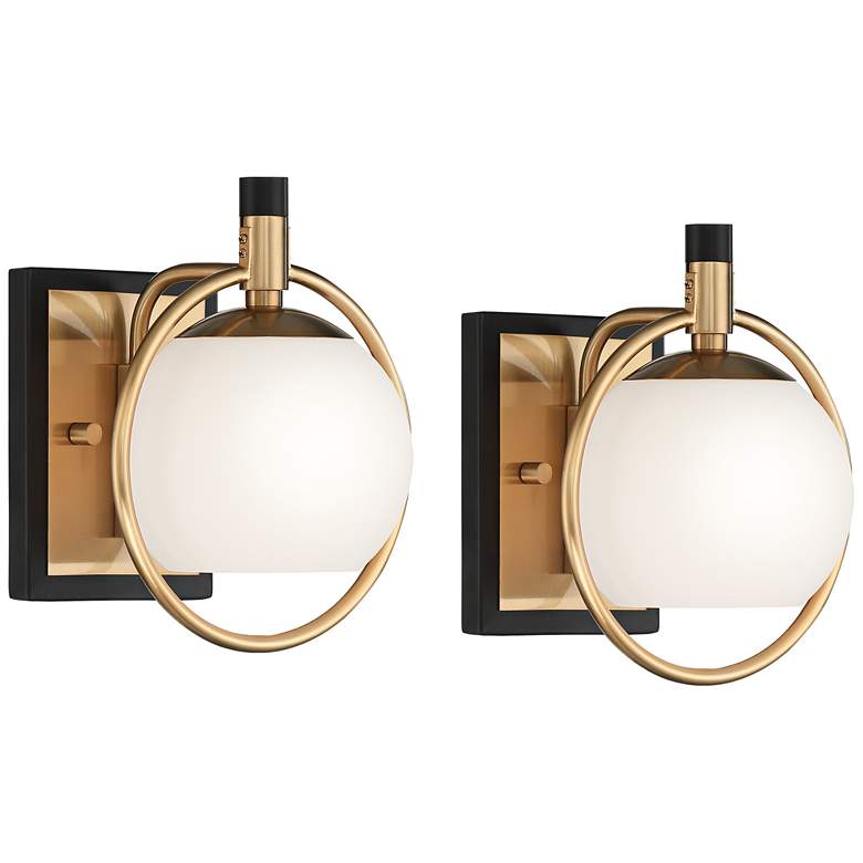 Carlyn 9 1/2" High Warm Antiqued Brass and Black Wall Sconce Set of 2