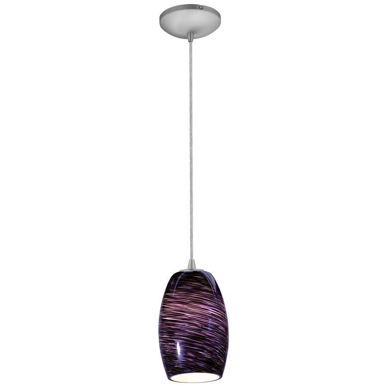 Chianti Glass Pendant - Cord - Brushed Steel Finish - Purple Swirl Glass