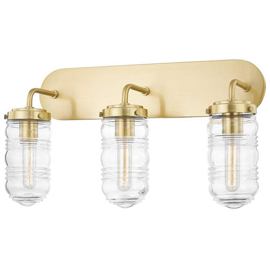 Clara - 3-Light Bath Bracket - Aged Brass Finish - Clear Ribbed Glass