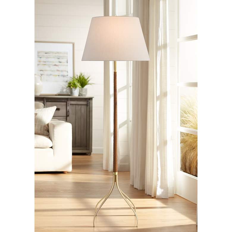 Currey and Company Circus Natural Wood and Brushed Brass Floor Lamp