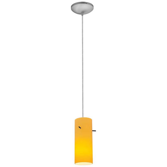Cylinder - E26 LED Cord Pendant - Brushed Steel Finish, Amber Glass Shade