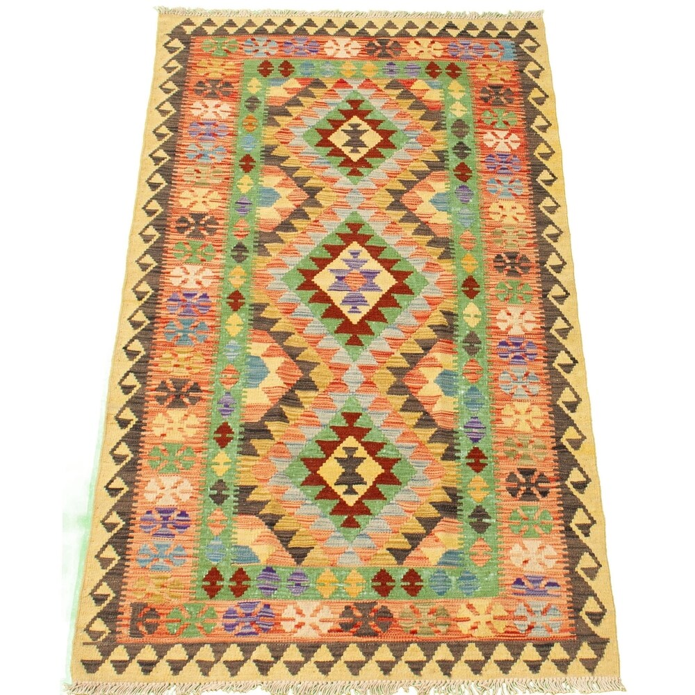 Anne Hathaway Collection Flat-weave Sivas Copper, Green Wool Kilim Rug