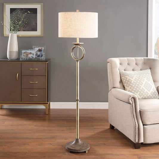 Edwards Brass Metal and Wood-Like Brown Stem Floor Lamp