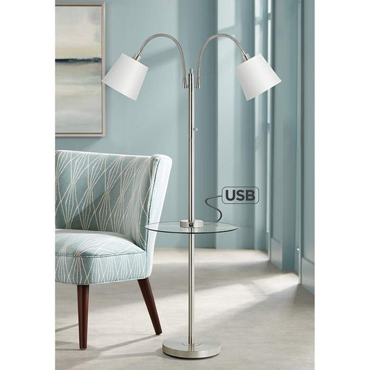 Gail Brushed Steel Double Gooseneck Floor Lamp w/ Tray Table