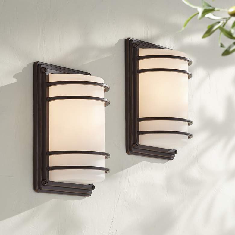 Habitat 11" High Bronze and Opal Glass Outdoor Wall Light Set of 2