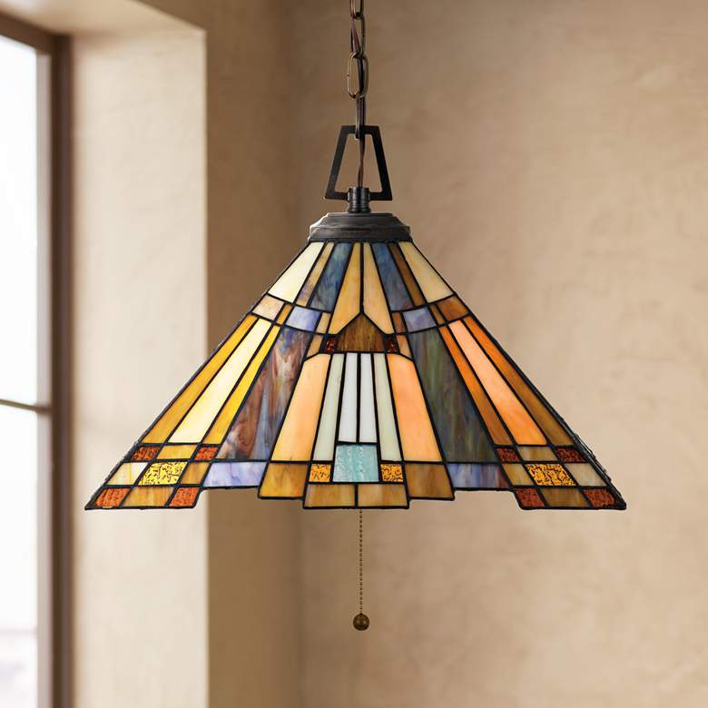 Inglenook 17" Wide Tiffany-Style Art Glass Pull-Chain Pendant Light