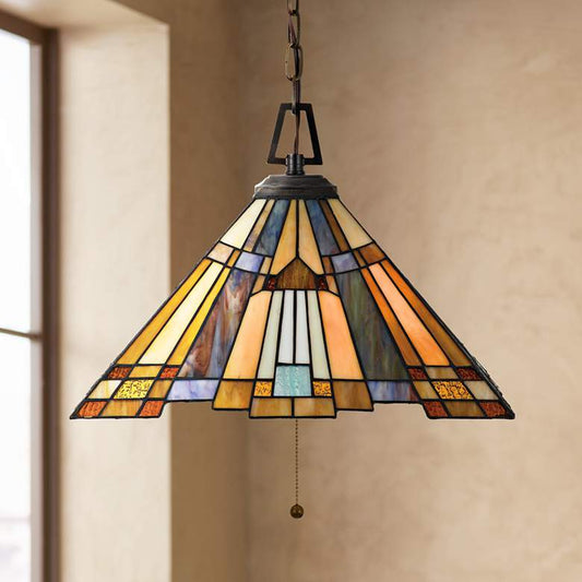 Inglenook 17" Wide Tiffany-Style Art Glass Pull-Chain Pendant Light