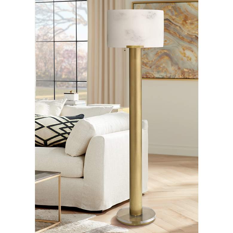 Jamie Young Elancourt White and Antique Brass Steel Pull Chain Floor Lamp