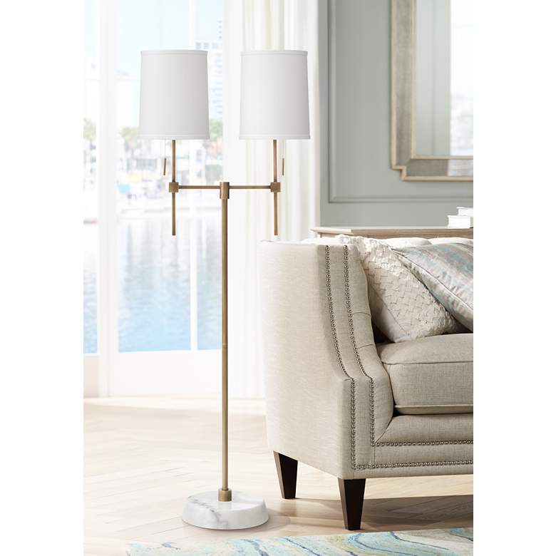 Jamie Young Minerva Brass and White Marble 2-Light Floor Lamp