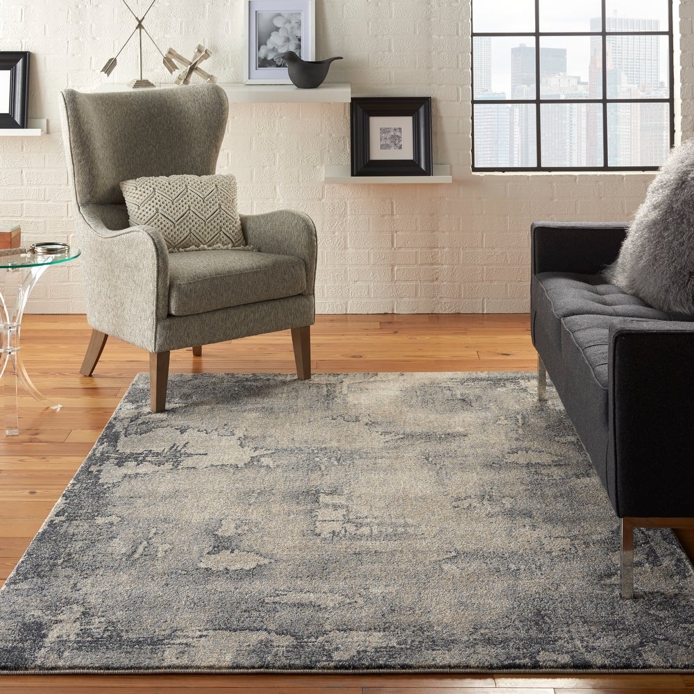 Blues/ Neutral Distressed Abstract Soft Area Rug