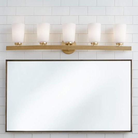 Kindred 42" Wide Warm Brass Opal Glass 5-Light Bath Light